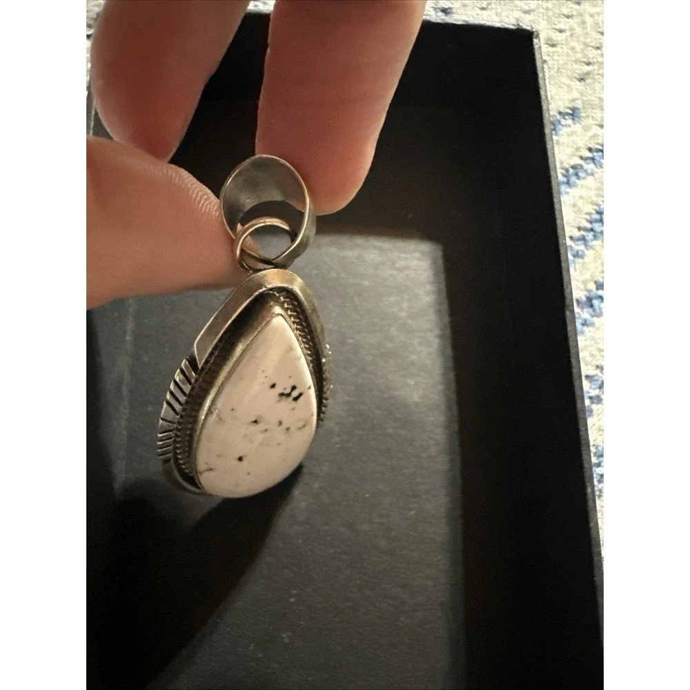 Navajo White Buffalo Turquoise Pendant By Alfred Martinez Sterling